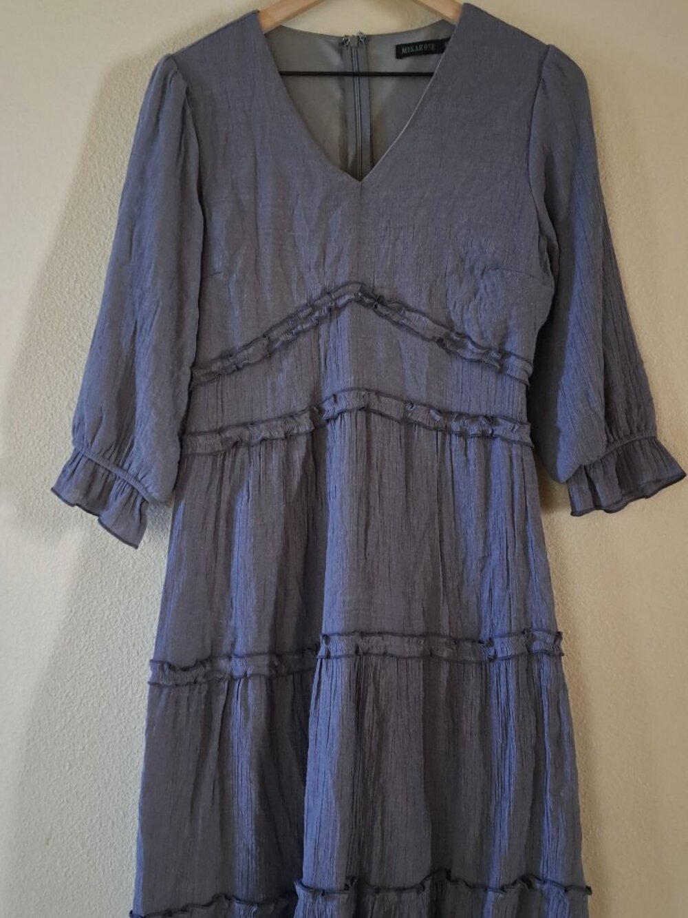 Women's Mikarose Charlie dress Med Tiered Boho Cottage Core Midi modest gray 3/4